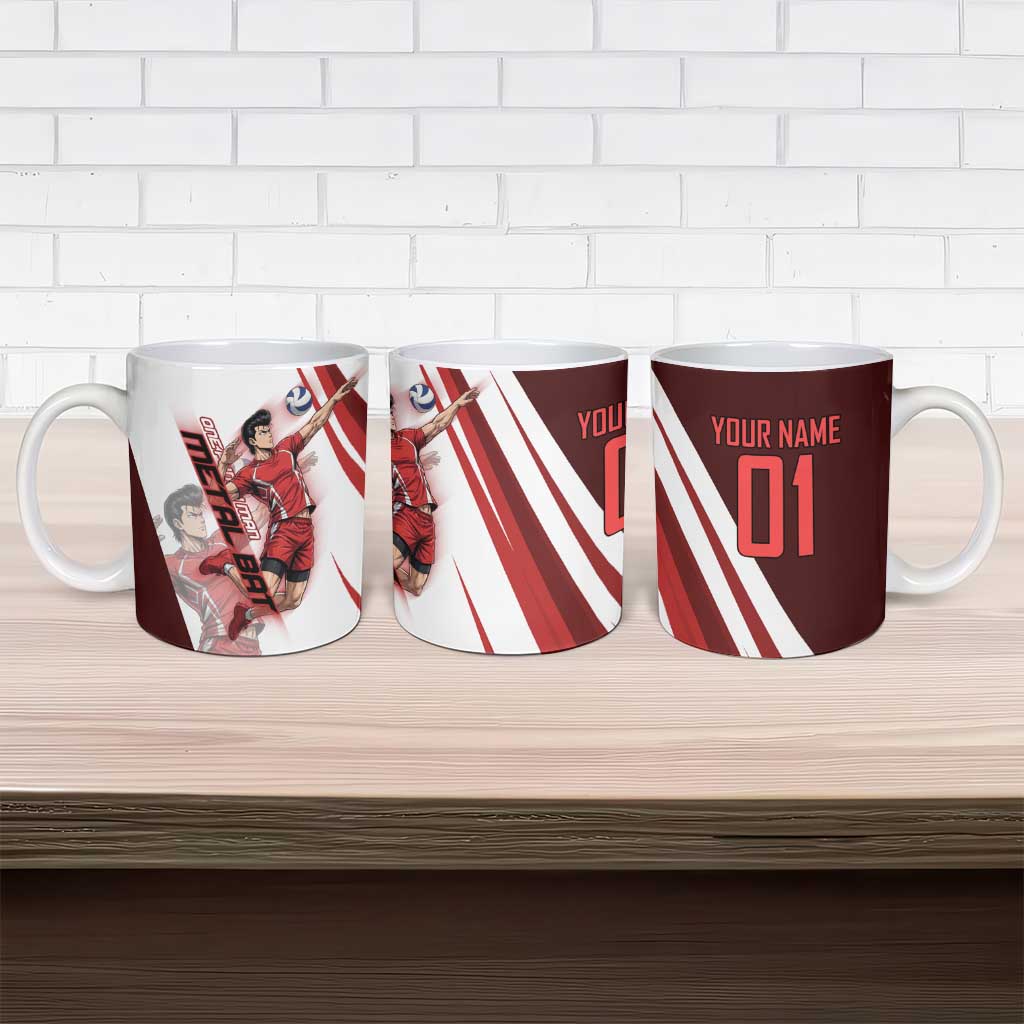 Personalized Metal Bat Volleyball Design Ceramic Mug with Red Athletic Theme and Powerful Action Pose