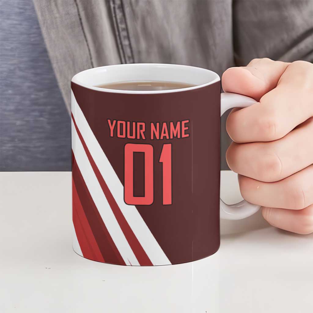 Personalized Metal Bat Volleyball Design Ceramic Mug with Red Athletic Theme and Powerful Action Pose