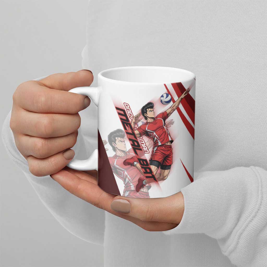 Personalized Metal Bat Volleyball Design Ceramic Mug with Red Athletic Theme and Powerful Action Pose