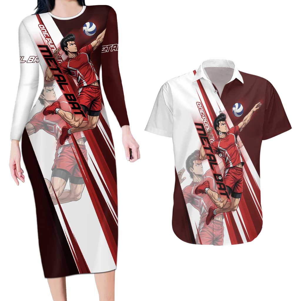 Personalized Metal Bat Volleyball Design Couples Matching Long Sleeve Bodycon Dress and Hawaiian Shirt with Red Athletic Theme and Powerful Action Pose