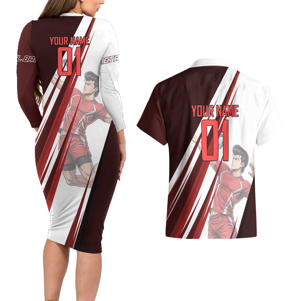 Personalized Metal Bat Volleyball Design Couples Matching Long Sleeve Bodycon Dress and Hawaiian Shirt with Red Athletic Theme and Powerful Action Pose
