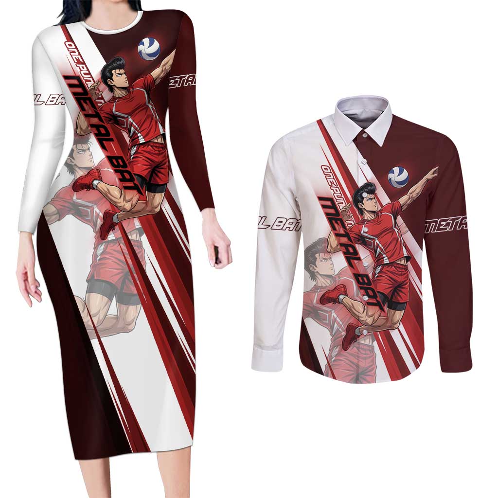 Personalized Metal Bat Volleyball Design Couples Matching Long Sleeve Bodycon Dress and Long Sleeve Button Shirt with Red Athletic Theme and Powerful Action Pose