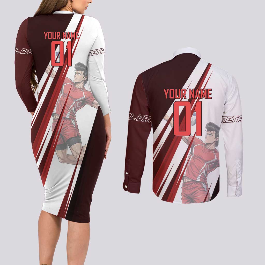 Personalized Metal Bat Volleyball Design Couples Matching Long Sleeve Bodycon Dress and Long Sleeve Button Shirt with Red Athletic Theme and Powerful Action Pose