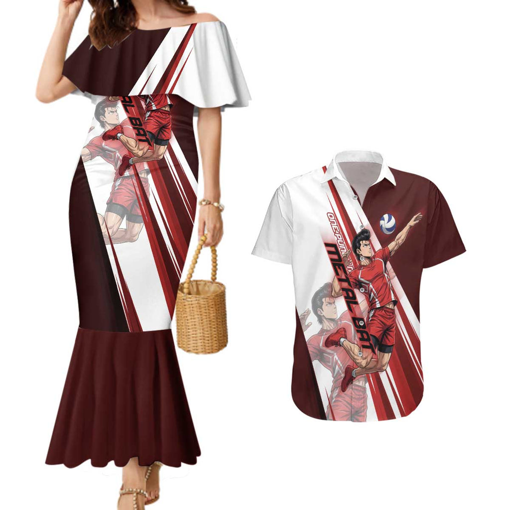 Personalized Metal Bat Volleyball Design Couples Matching Mermaid Dress and Hawaiian Shirt with Red Athletic Theme and Powerful Action Pose