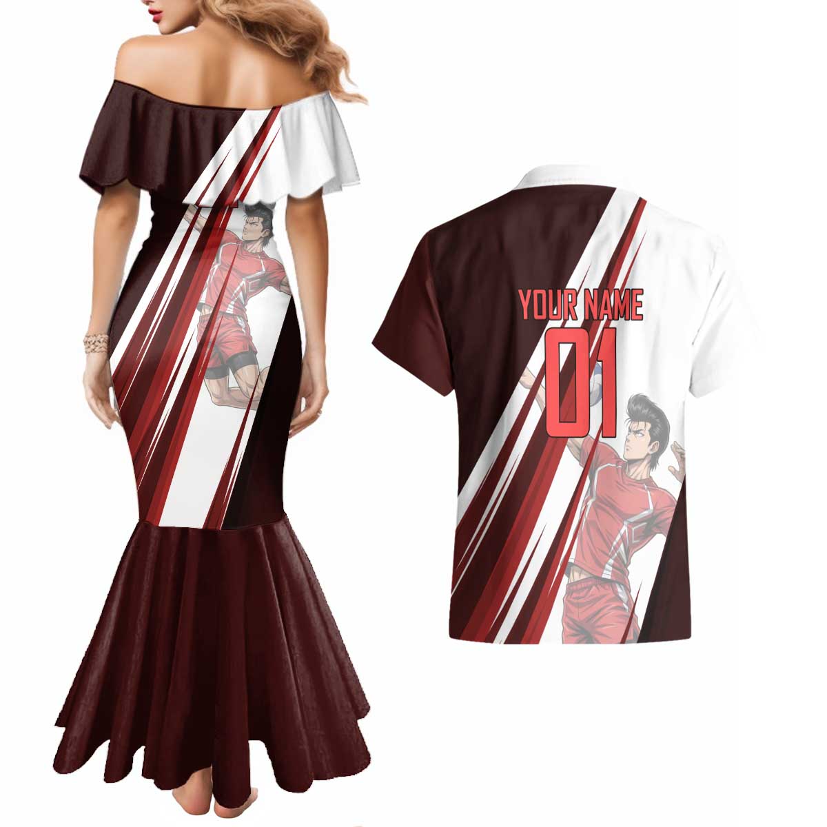 Personalized Metal Bat Volleyball Design Couples Matching Mermaid Dress and Hawaiian Shirt with Red Athletic Theme and Powerful Action Pose