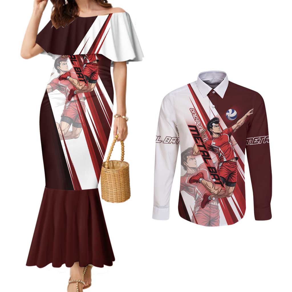 Personalized Metal Bat Volleyball Design Couples Matching Mermaid Dress and Long Sleeve Button Shirt with Red Athletic Theme and Powerful Action Pose