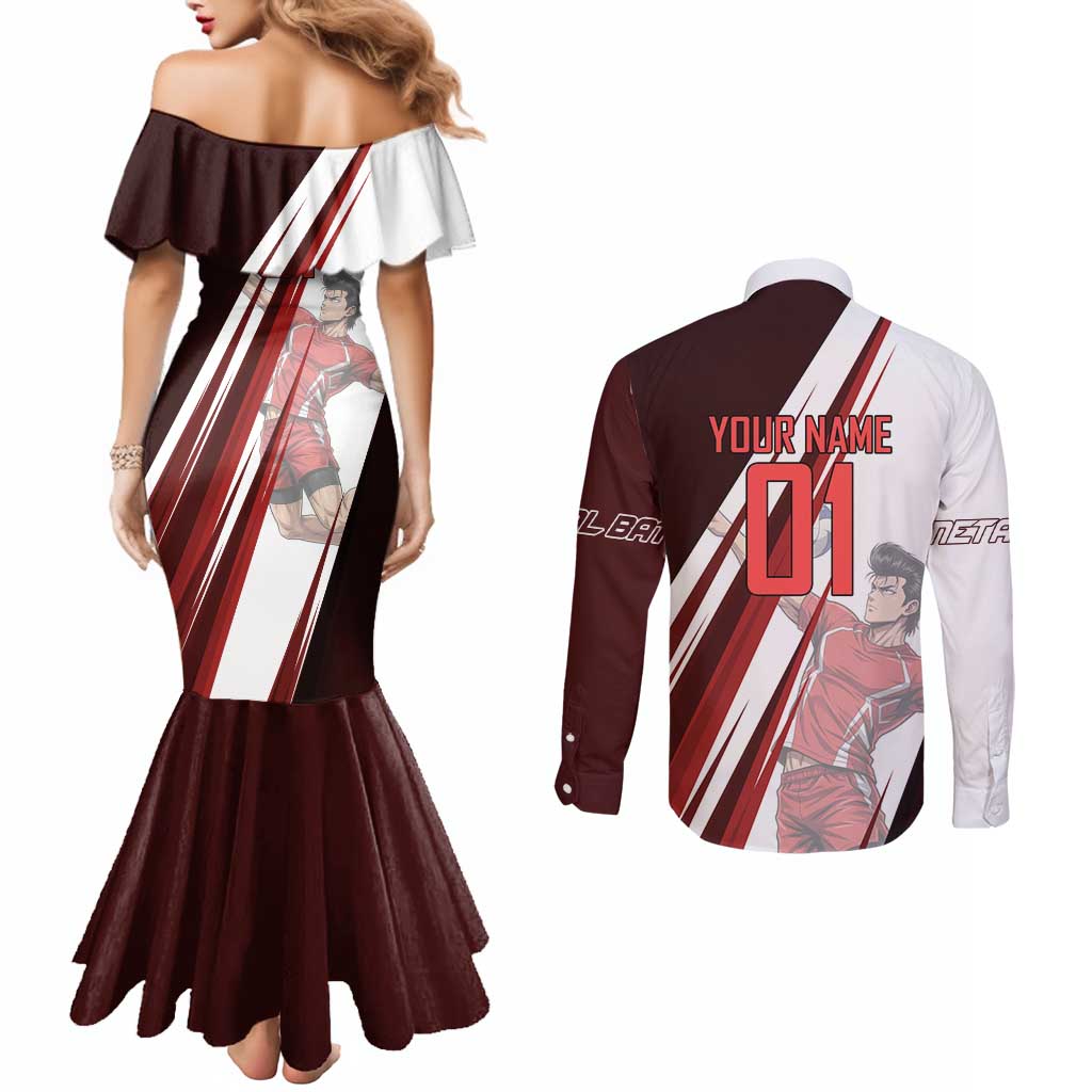 Personalized Metal Bat Volleyball Design Couples Matching Mermaid Dress and Long Sleeve Button Shirt with Red Athletic Theme and Powerful Action Pose