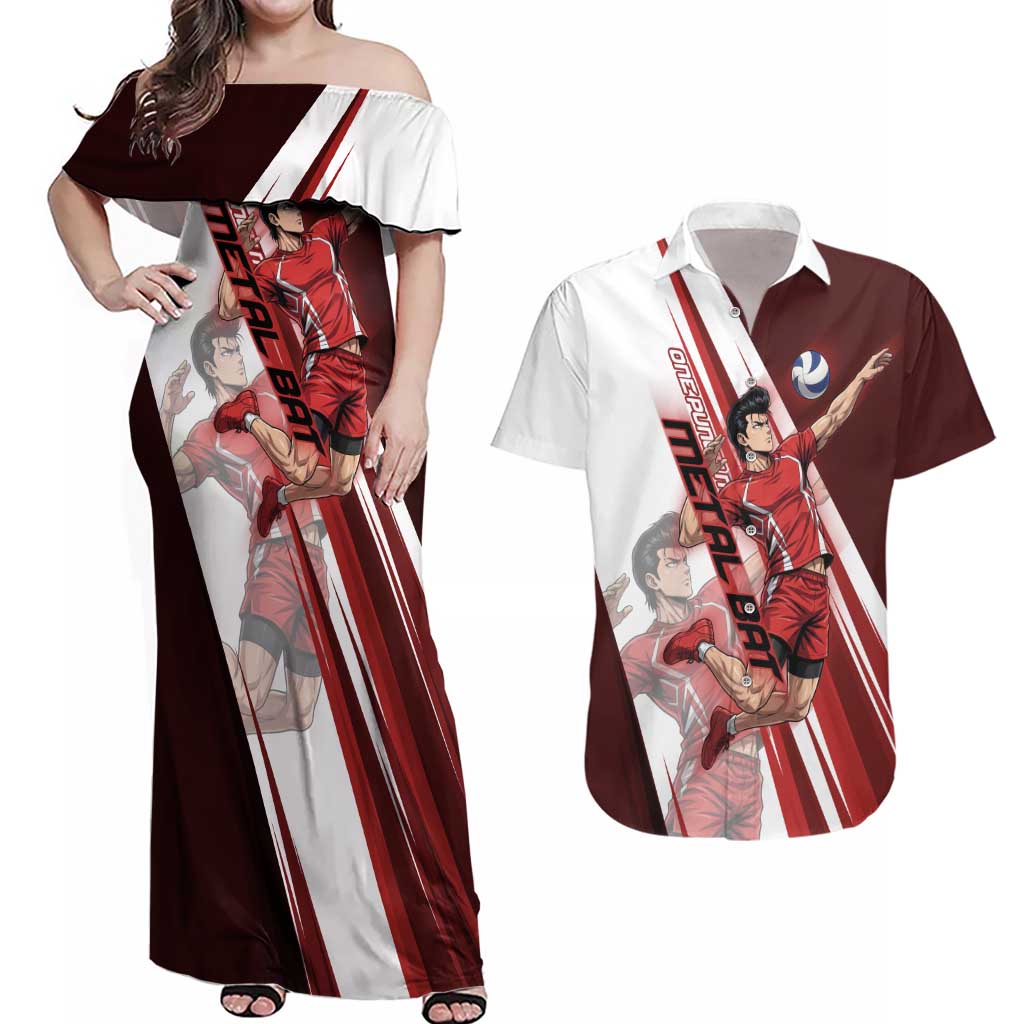 Personalized Metal Bat Volleyball Design Couples Matching Off Shoulder Maxi Dress and Hawaiian Shirt with Red Athletic Theme and Powerful Action Pose
