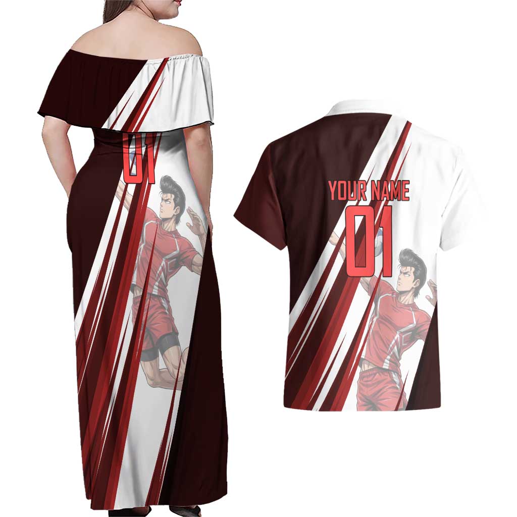 Personalized Metal Bat Volleyball Design Couples Matching Off Shoulder Maxi Dress and Hawaiian Shirt with Red Athletic Theme and Powerful Action Pose