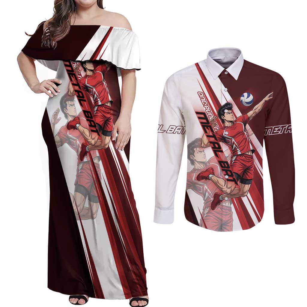 Personalized Metal Bat Volleyball Design Couples Matching Off Shoulder Maxi Dress and Long Sleeve Button Shirt with Red Athletic Theme and Powerful Action Pose