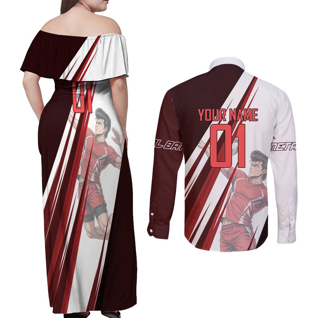 Personalized Metal Bat Volleyball Design Couples Matching Off Shoulder Maxi Dress and Long Sleeve Button Shirt with Red Athletic Theme and Powerful Action Pose