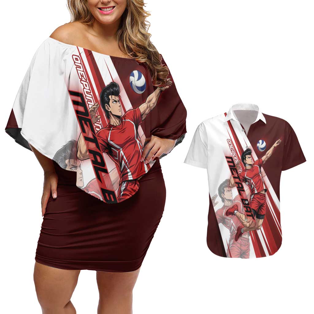 Personalized Metal Bat Volleyball Design Couples Matching Off Shoulder Short Dress and Hawaiian Shirt with Red Athletic Theme and Powerful Action Pose