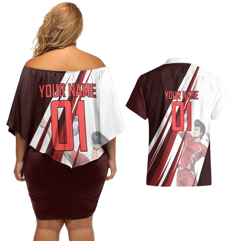 Personalized Metal Bat Volleyball Design Couples Matching Off Shoulder Short Dress and Hawaiian Shirt with Red Athletic Theme and Powerful Action Pose