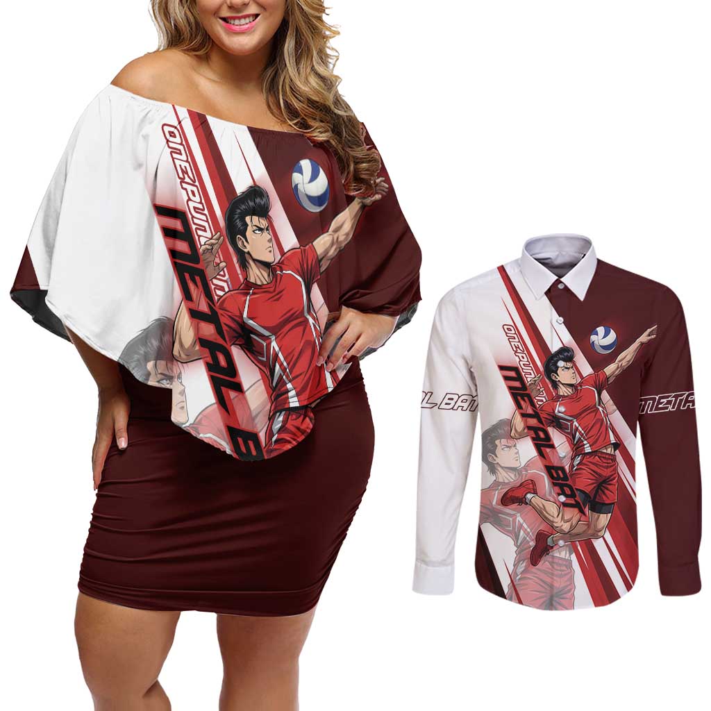 Personalized Metal Bat Volleyball Design Couples Matching Off Shoulder Short Dress and Long Sleeve Button Shirt with Red Athletic Theme and Powerful Action Pose