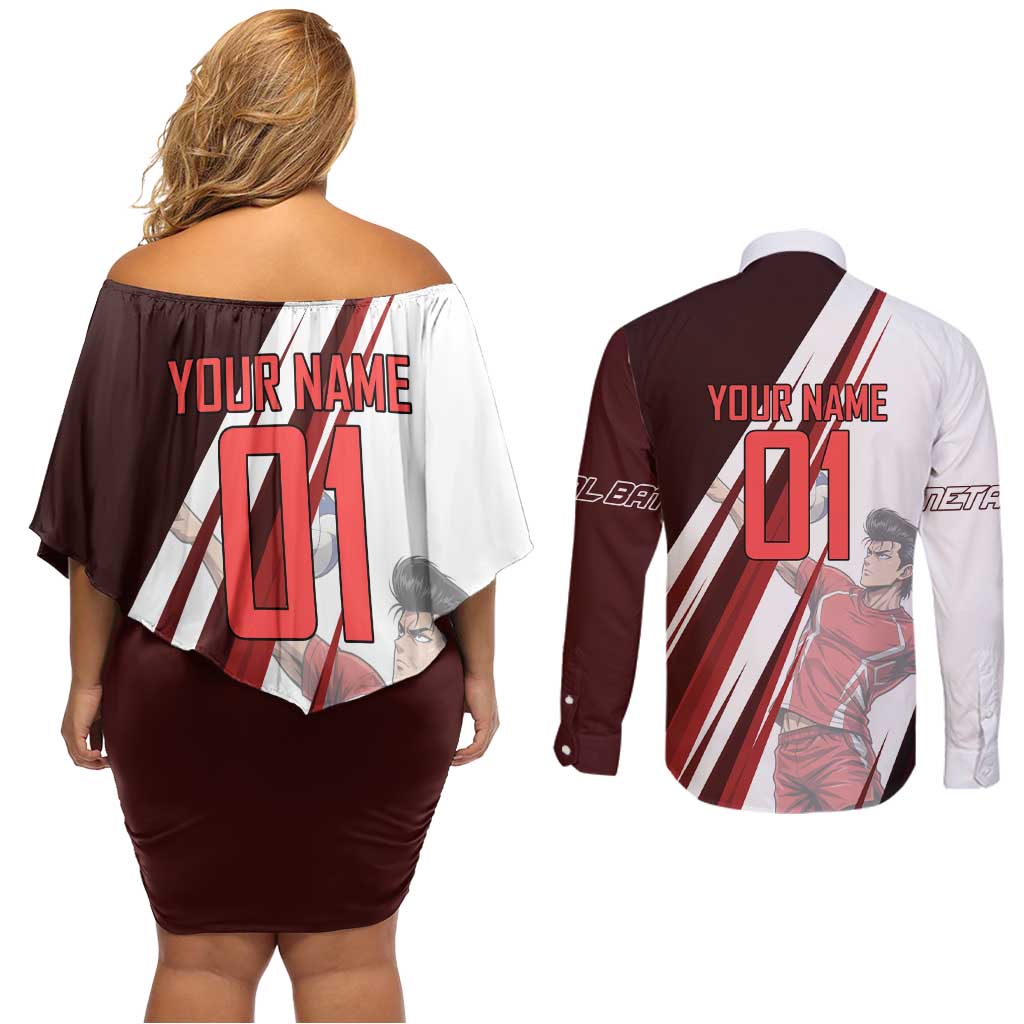 Personalized Metal Bat Volleyball Design Couples Matching Off Shoulder Short Dress and Long Sleeve Button Shirt with Red Athletic Theme and Powerful Action Pose