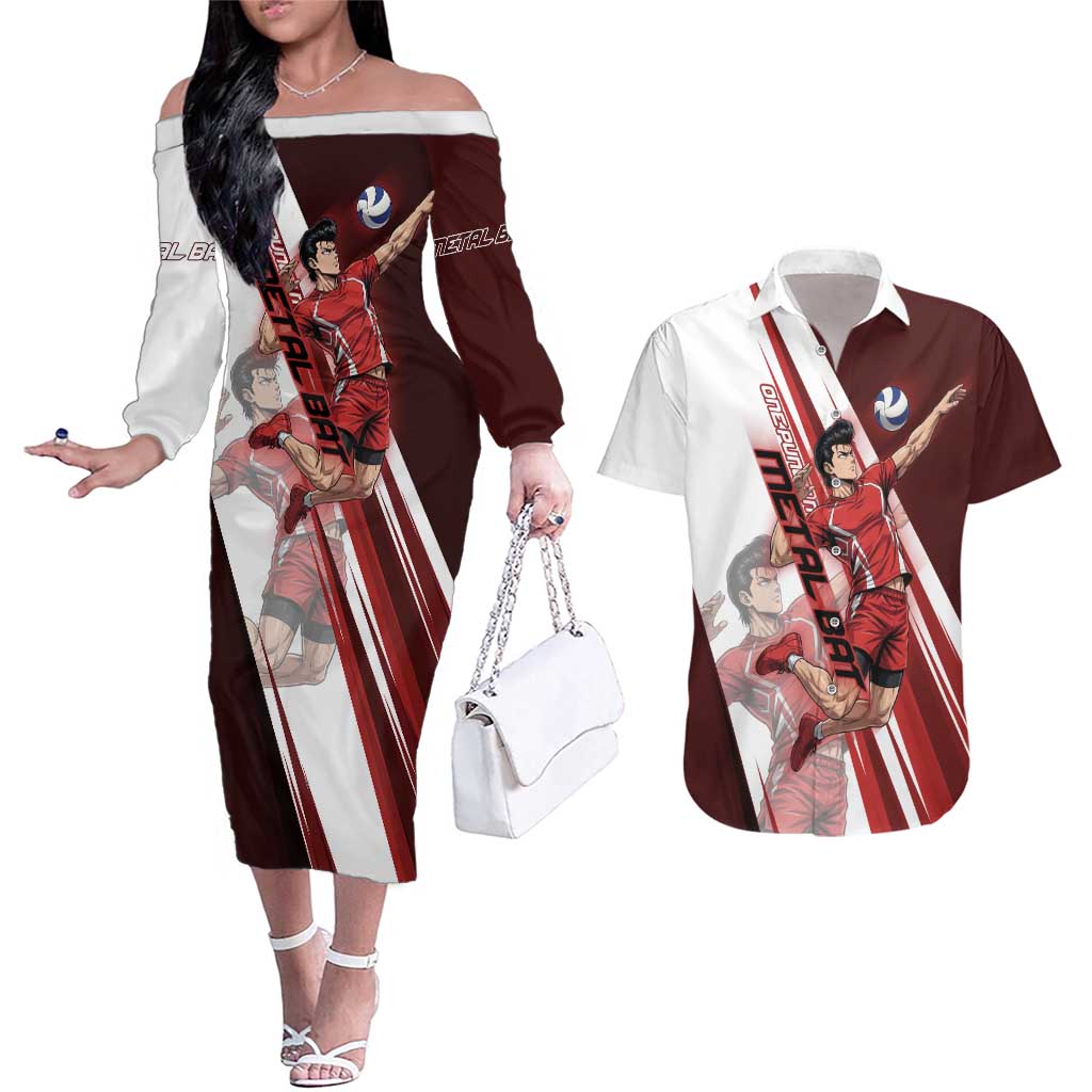 Personalized Metal Bat Volleyball Design Couples Matching Off The Shoulder Long Sleeve Dress and Hawaiian Shirt with Red Athletic Theme and Powerful Action Pose