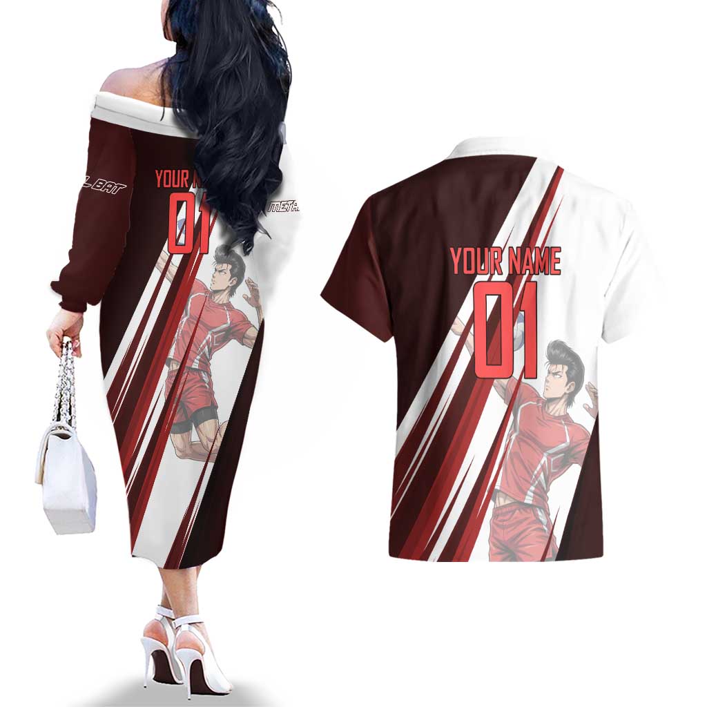 Personalized Metal Bat Volleyball Design Couples Matching Off The Shoulder Long Sleeve Dress and Hawaiian Shirt with Red Athletic Theme and Powerful Action Pose