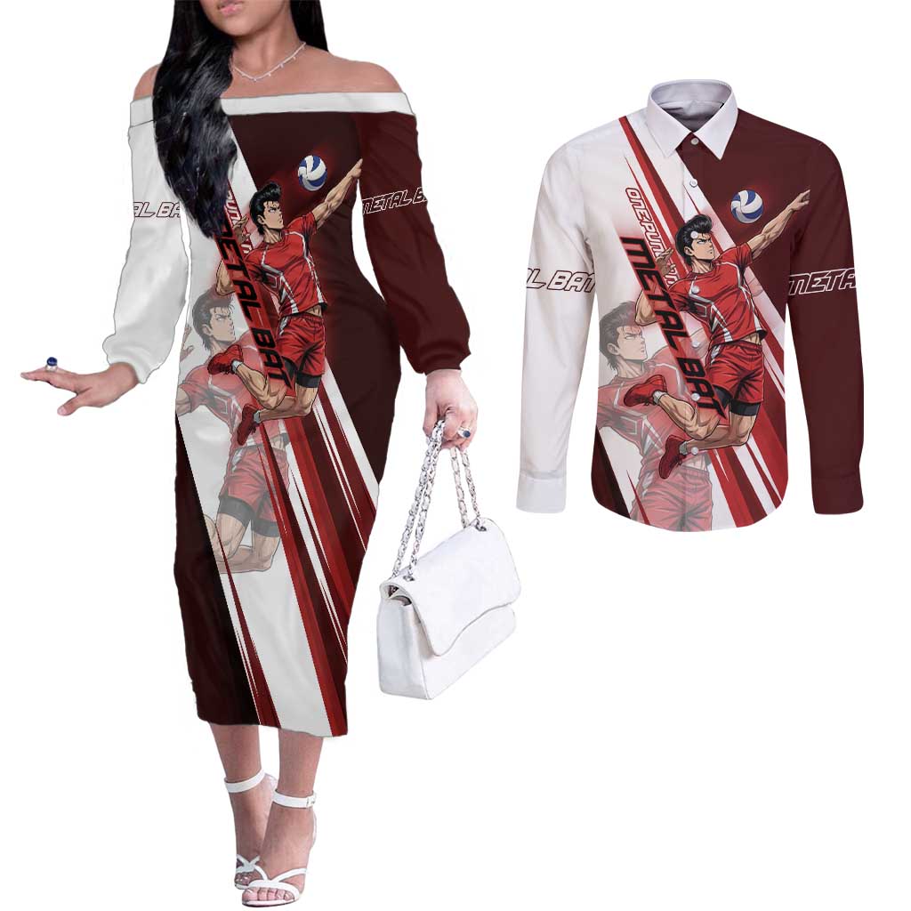 Personalized Metal Bat Volleyball Design Couples Matching Off The Shoulder Long Sleeve Dress and Long Sleeve Button Shirt with Red Athletic Theme and Powerful Action Pose