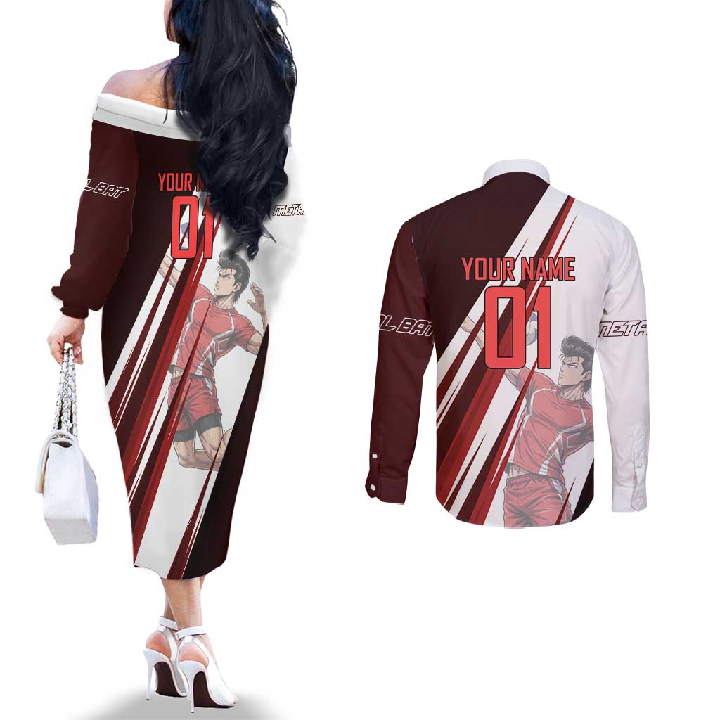 Personalized Metal Bat Volleyball Design Couples Matching Off The Shoulder Long Sleeve Dress and Long Sleeve Button Shirt with Red Athletic Theme and Powerful Action Pose