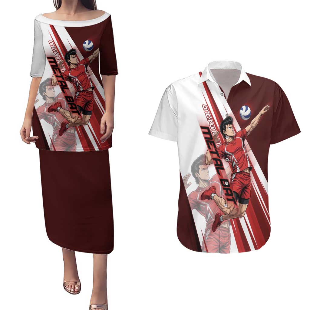 Personalized Metal Bat Volleyball Design Couples Matching Puletasi and Hawaiian Shirt with Red Athletic Theme and Powerful Action Pose