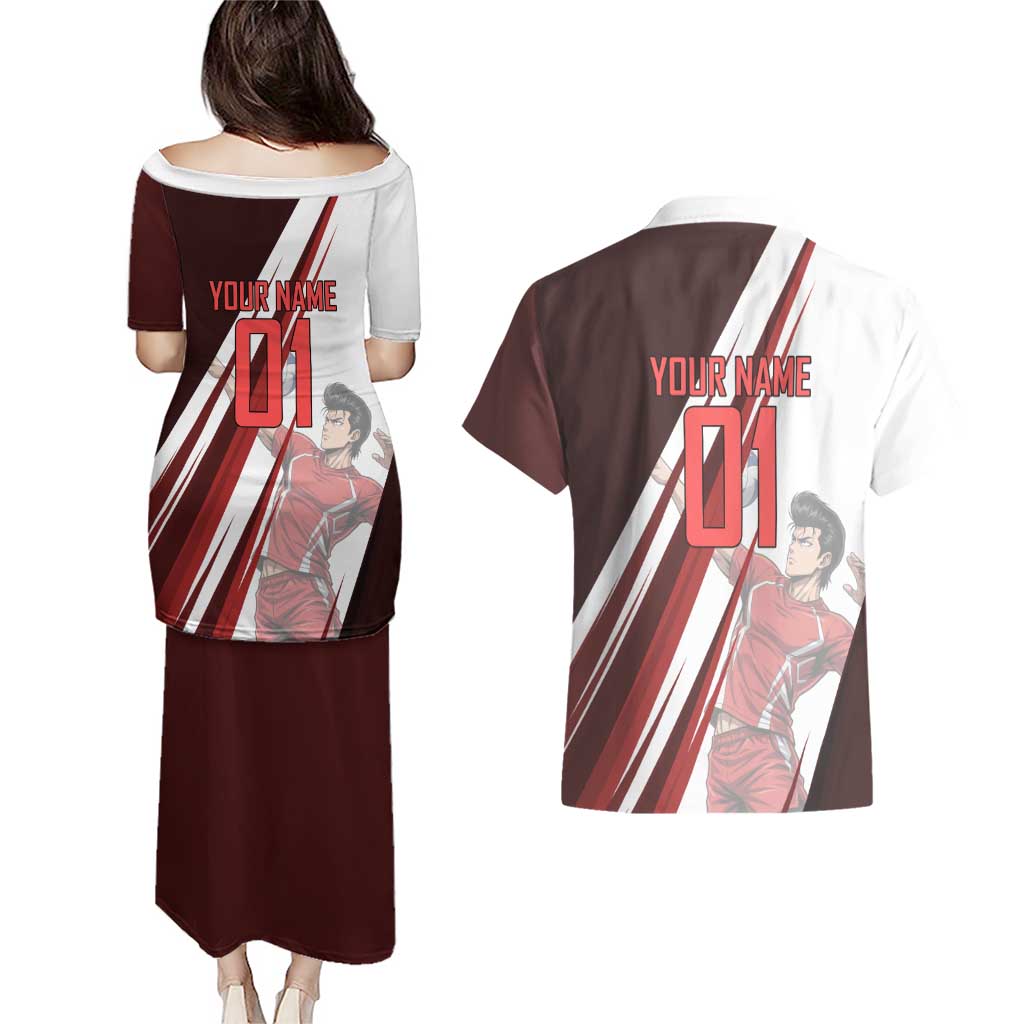 Personalized Metal Bat Volleyball Design Couples Matching Puletasi and Hawaiian Shirt with Red Athletic Theme and Powerful Action Pose