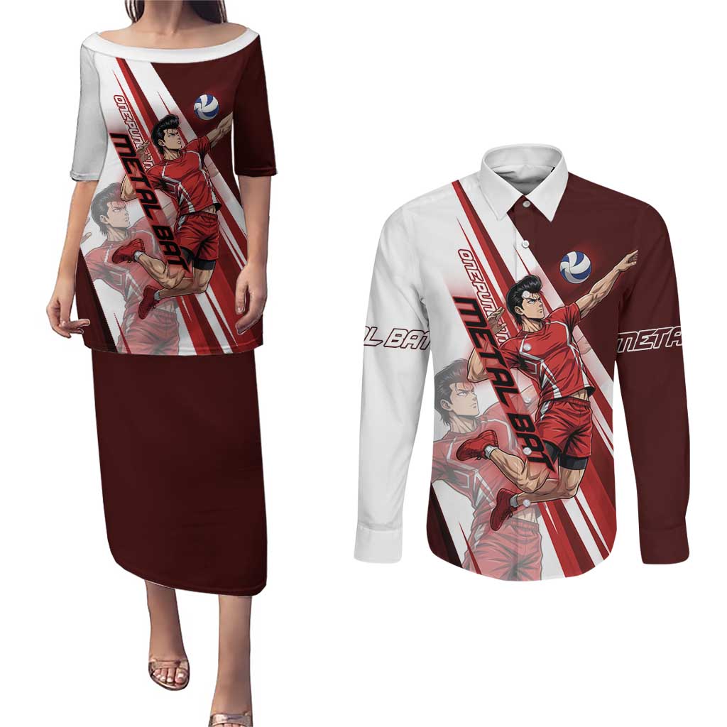 Personalized Metal Bat Volleyball Design Couples Matching Puletasi and Long Sleeve Button Shirt with Red Athletic Theme and Powerful Action Pose