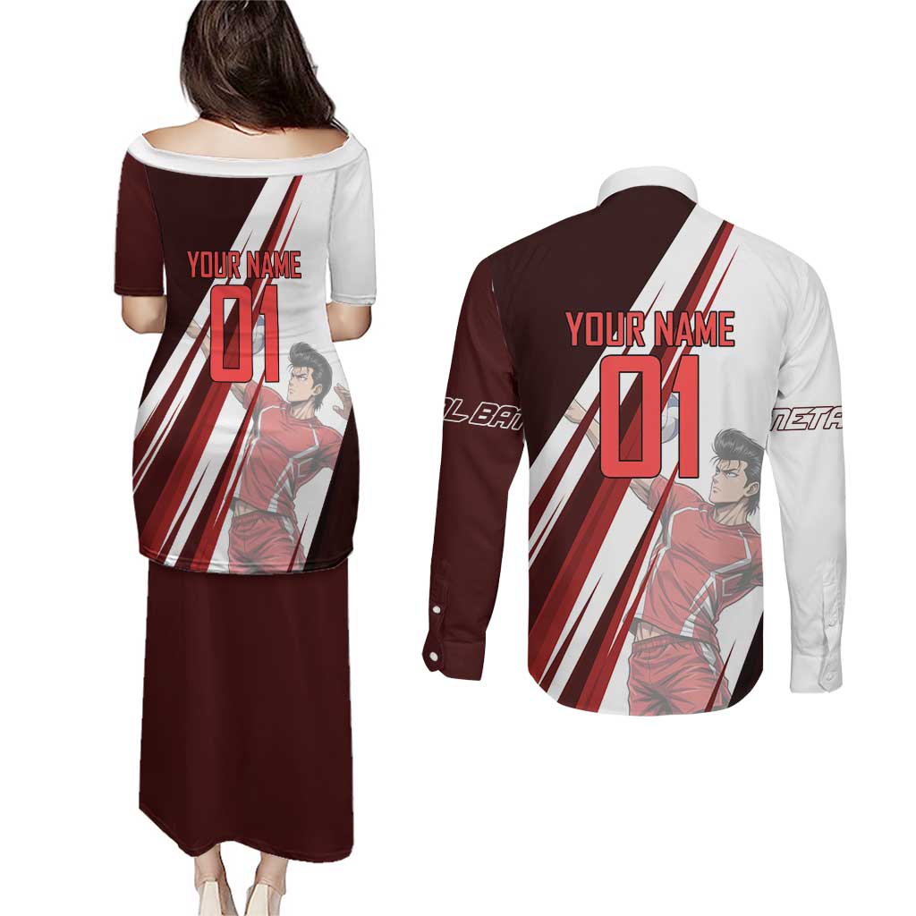 Personalized Metal Bat Volleyball Design Couples Matching Puletasi and Long Sleeve Button Shirt with Red Athletic Theme and Powerful Action Pose