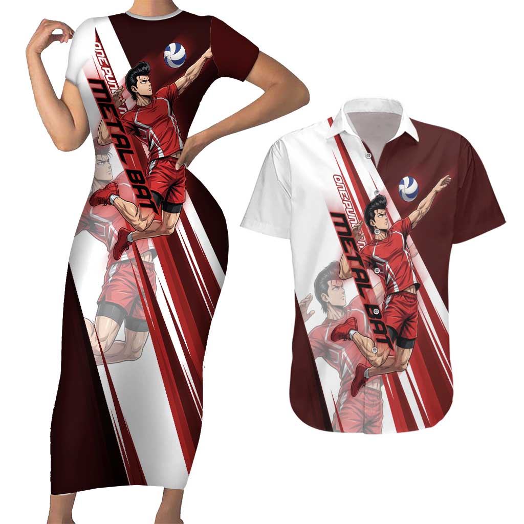 Personalized Metal Bat Volleyball Design Couples Matching Short Sleeve Bodycon Dress and Hawaiian Shirt with Red Athletic Theme and Powerful Action Pose
