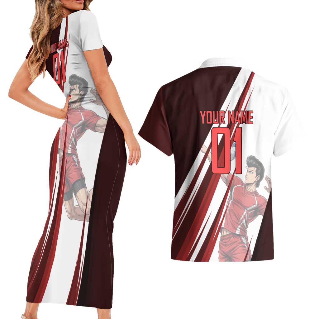 Personalized Metal Bat Volleyball Design Couples Matching Short Sleeve Bodycon Dress and Hawaiian Shirt with Red Athletic Theme and Powerful Action Pose