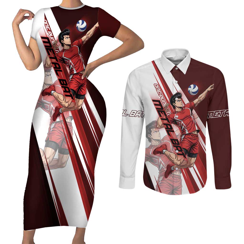 Personalized Metal Bat Volleyball Design Couples Matching Short Sleeve Bodycon Dress and Long Sleeve Button Shirt with Red Athletic Theme and Powerful Action Pose