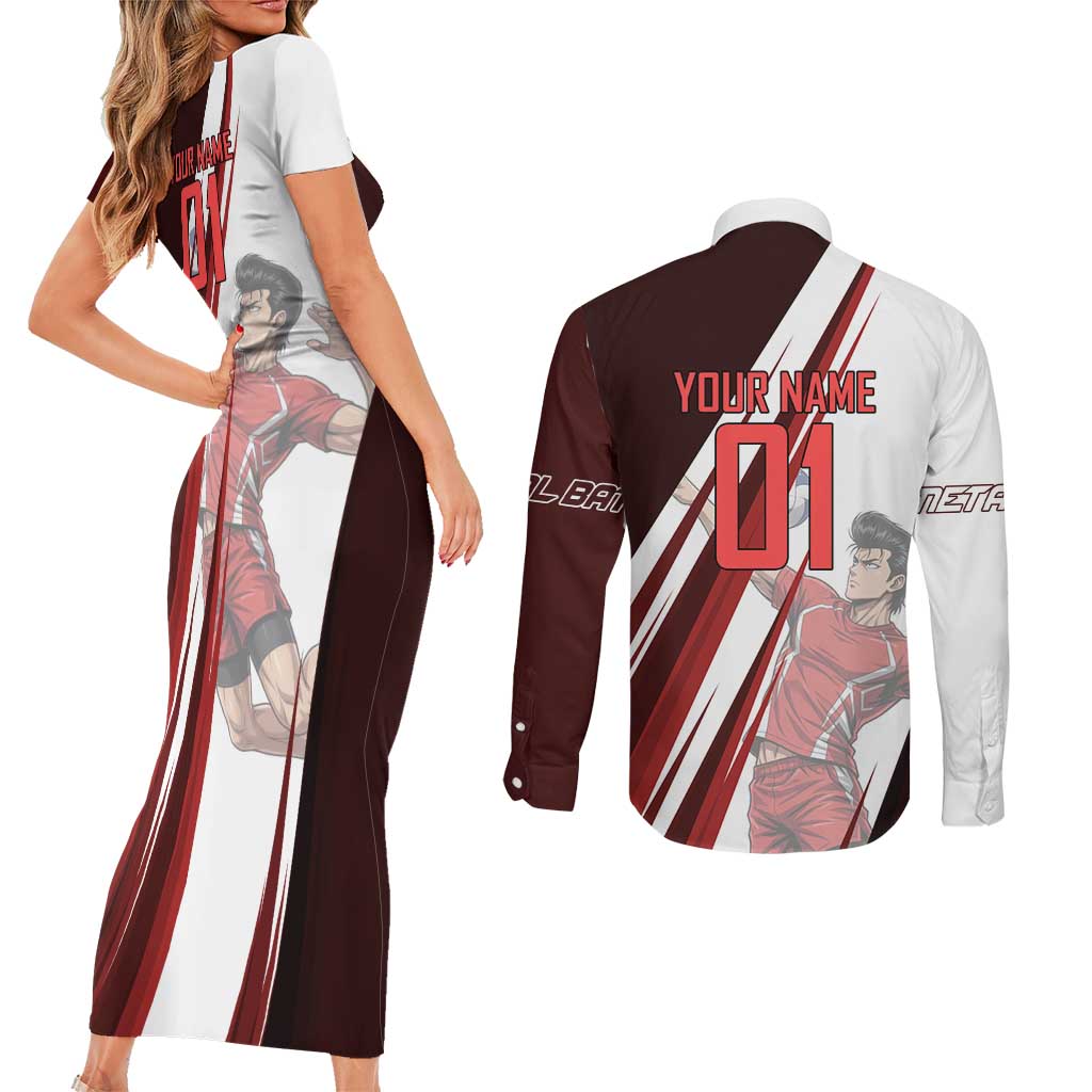 Personalized Metal Bat Volleyball Design Couples Matching Short Sleeve Bodycon Dress and Long Sleeve Button Shirt with Red Athletic Theme and Powerful Action Pose