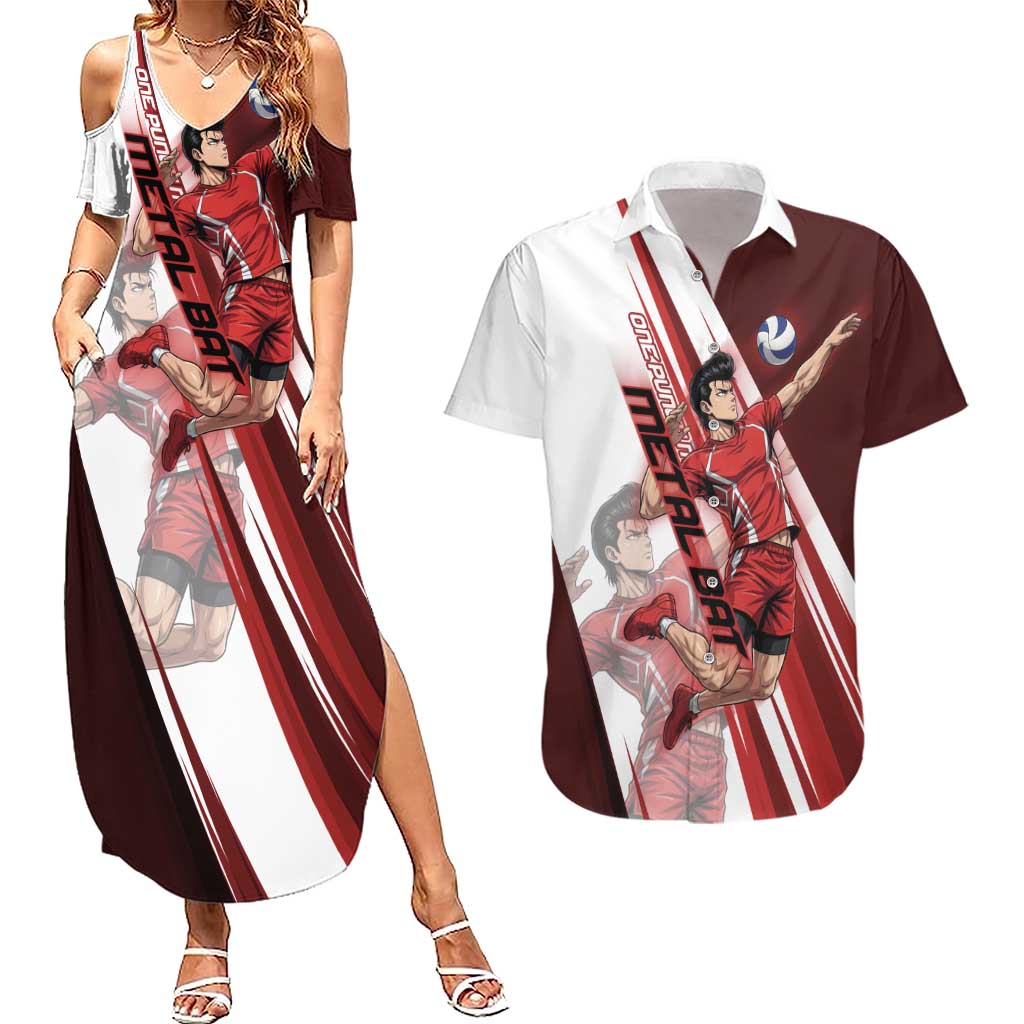 Personalized Metal Bat Volleyball Design Couples Matching Summer Maxi Dress and Hawaiian Shirt with Red Athletic Theme and Powerful Action Pose