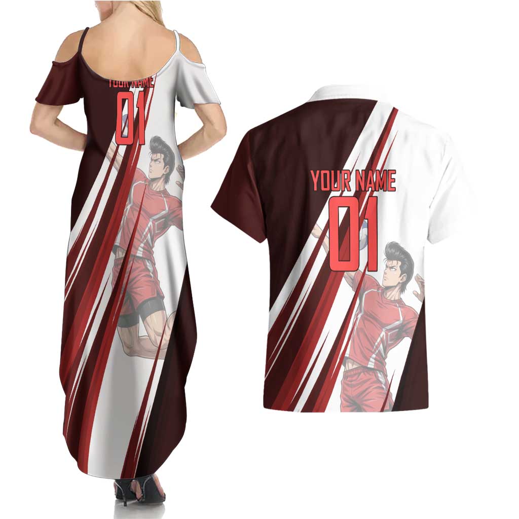 Personalized Metal Bat Volleyball Design Couples Matching Summer Maxi Dress and Hawaiian Shirt with Red Athletic Theme and Powerful Action Pose