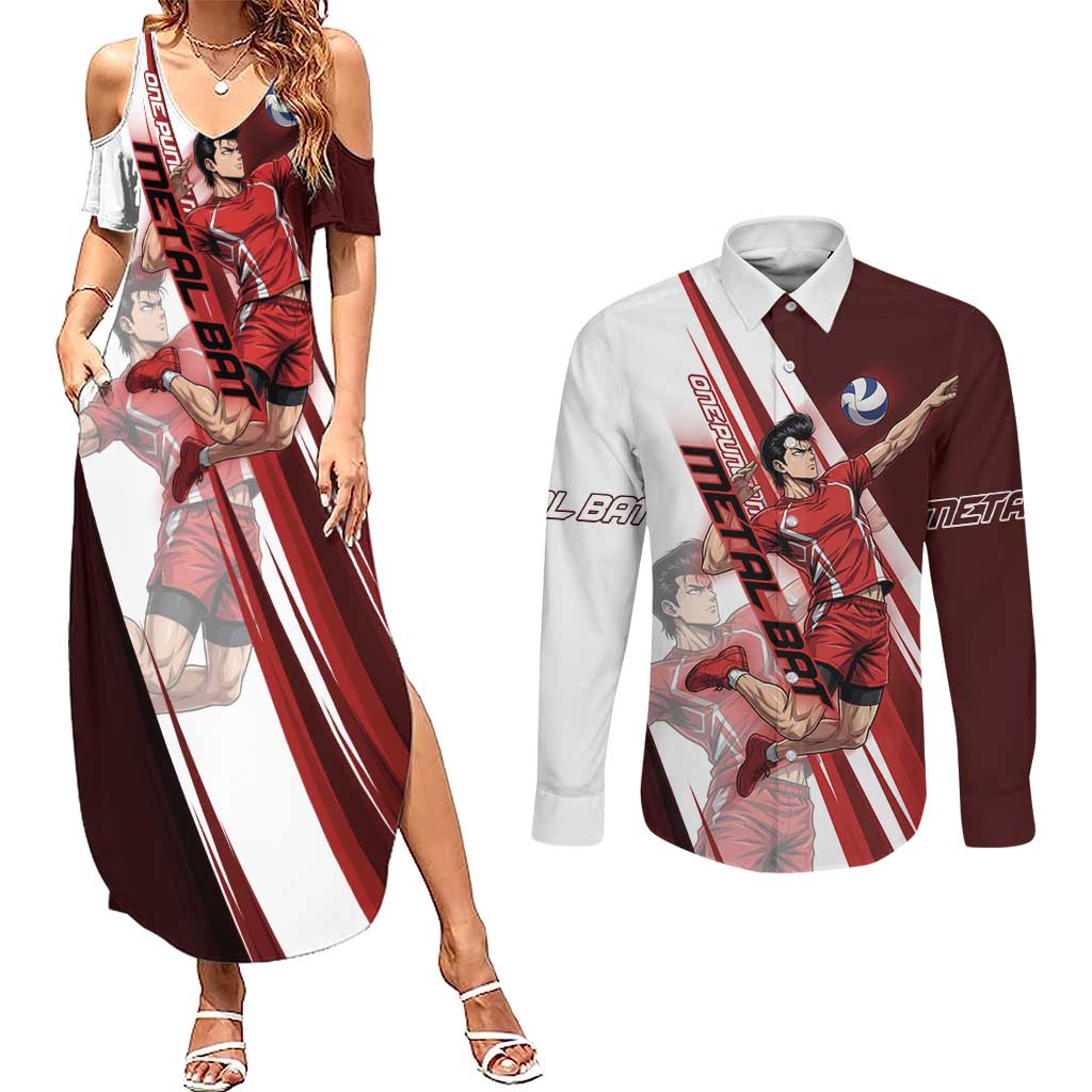 Personalized Metal Bat Volleyball Design Couples Matching Summer Maxi Dress and Long Sleeve Button Shirt with Red Athletic Theme and Powerful Action Pose