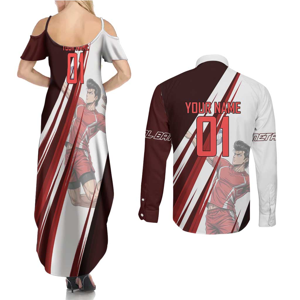 Personalized Metal Bat Volleyball Design Couples Matching Summer Maxi Dress and Long Sleeve Button Shirt with Red Athletic Theme and Powerful Action Pose