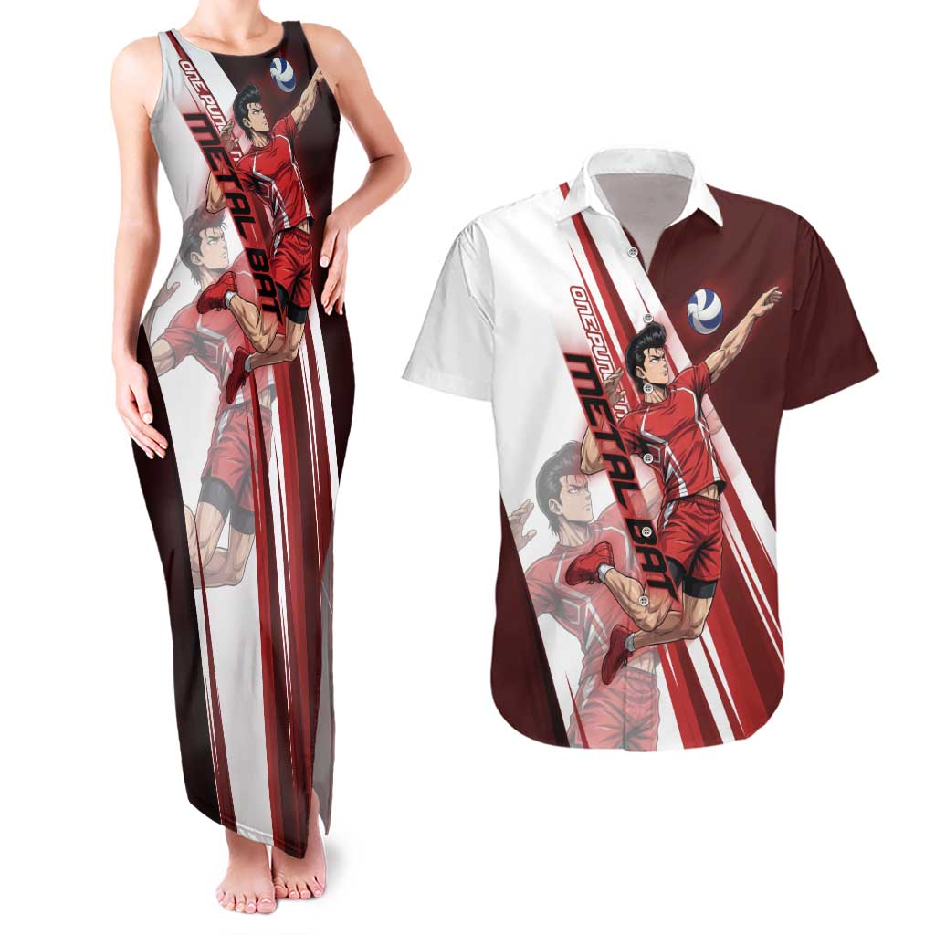Personalized Metal Bat Volleyball Design Couples Matching Tank Maxi Dress and Hawaiian Shirt with Red Athletic Theme and Powerful Action Pose