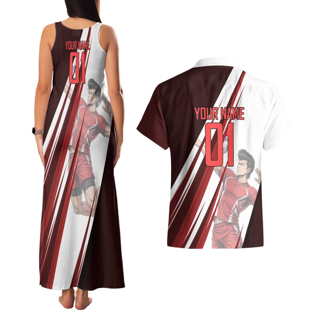 Personalized Metal Bat Volleyball Design Couples Matching Tank Maxi Dress and Hawaiian Shirt with Red Athletic Theme and Powerful Action Pose