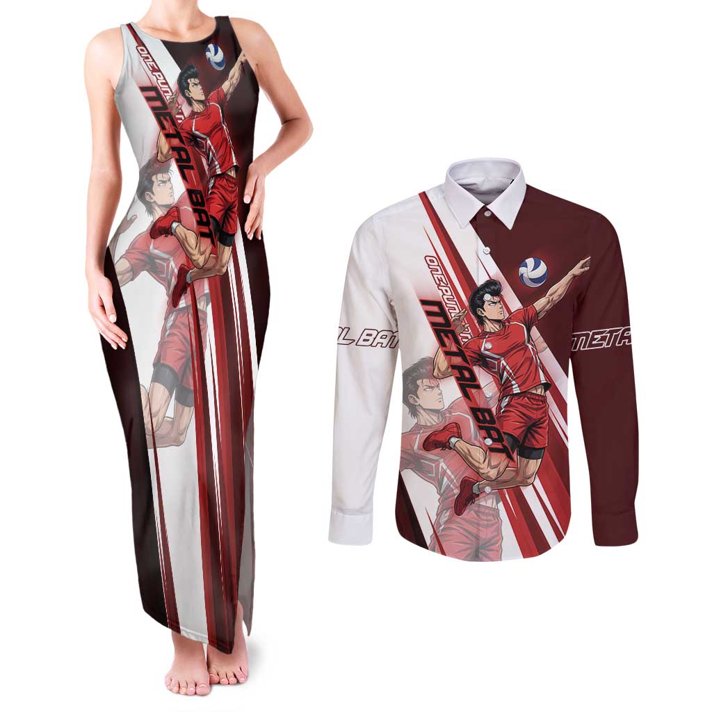 Personalized Metal Bat Volleyball Design Couples Matching Tank Maxi Dress and Long Sleeve Button Shirt with Red Athletic Theme and Powerful Action Pose