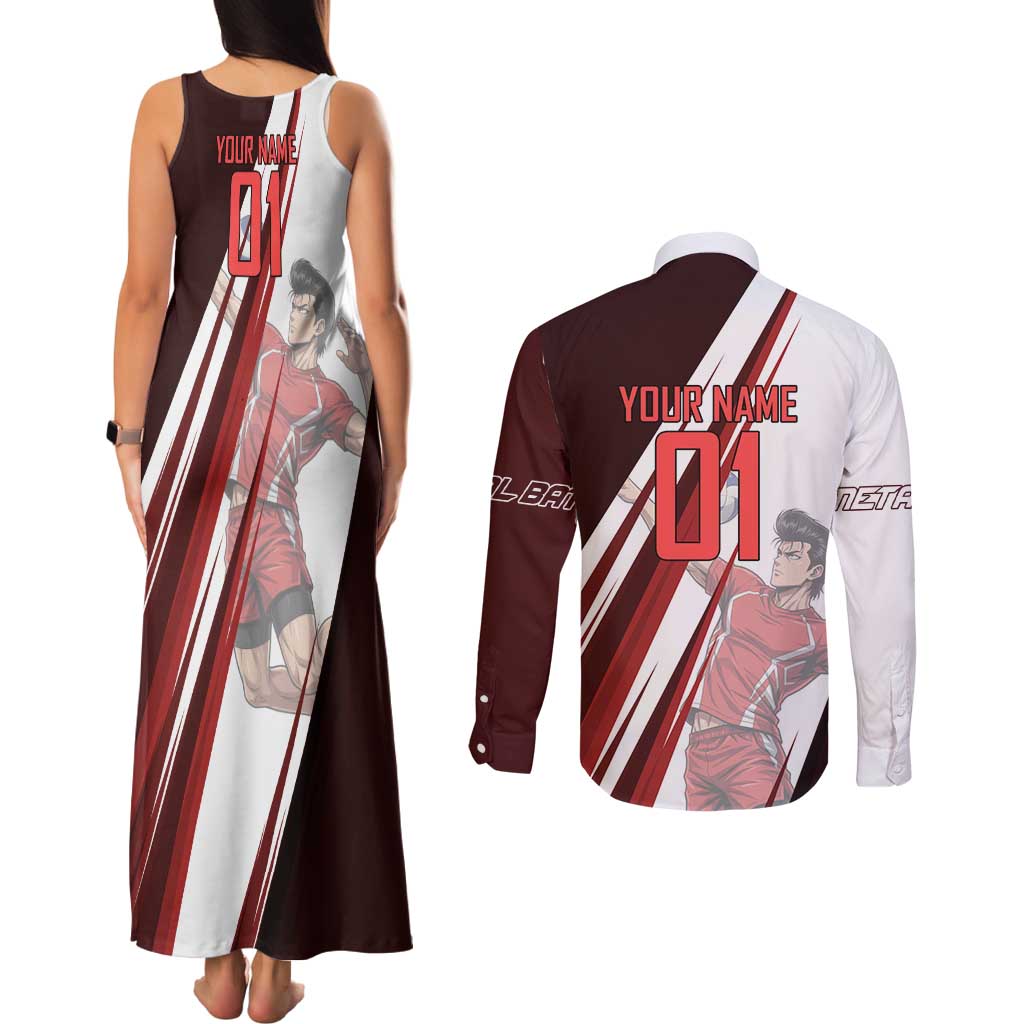 Personalized Metal Bat Volleyball Design Couples Matching Tank Maxi Dress and Long Sleeve Button Shirt with Red Athletic Theme and Powerful Action Pose