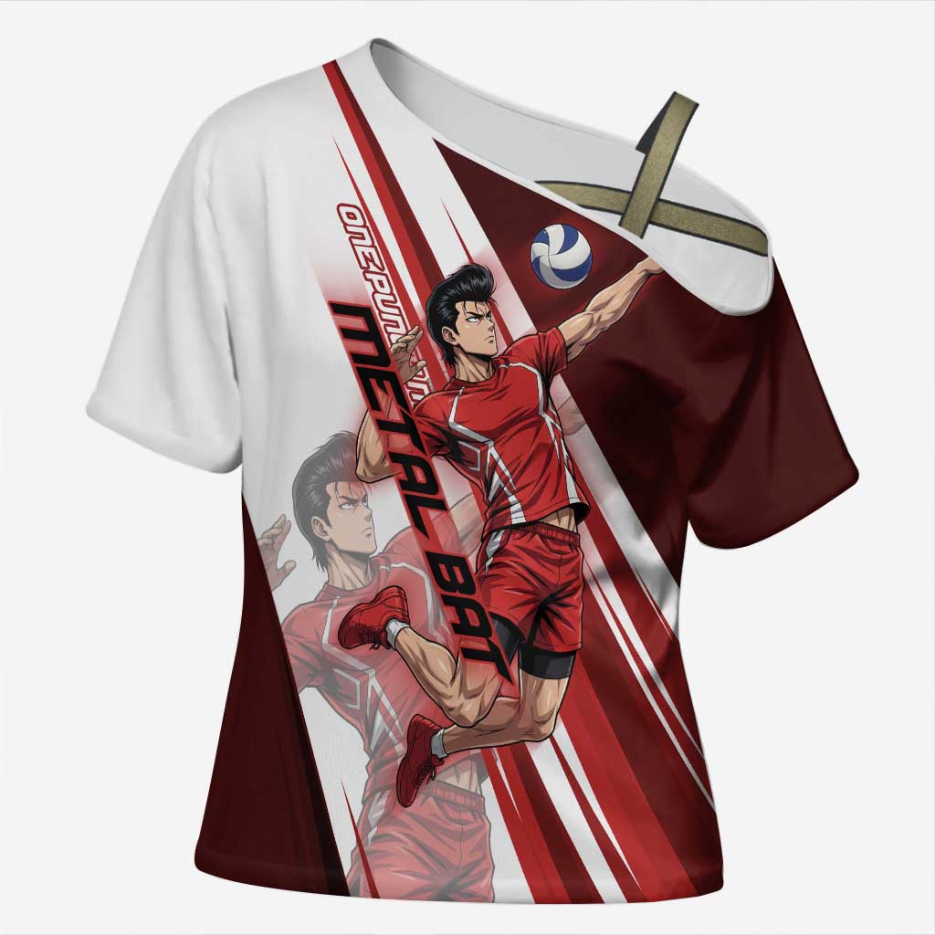 Personalized Metal Bat Volleyball Design Cross Shoulder Shirt with Red Athletic Theme and Powerful Action Pose