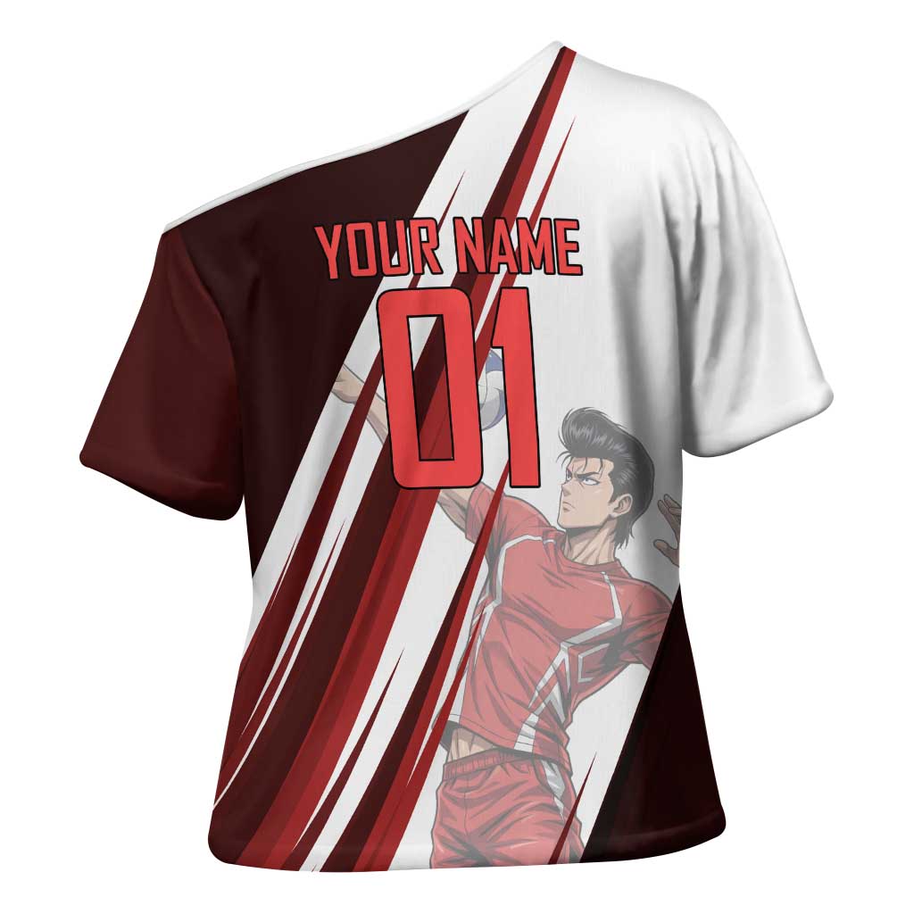 Personalized Metal Bat Volleyball Design Cross Shoulder Shirt with Red Athletic Theme and Powerful Action Pose