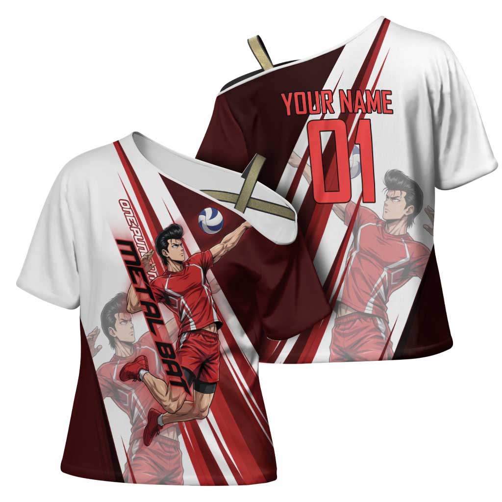 Personalized Metal Bat Volleyball Design Cross Shoulder Shirt with Red Athletic Theme and Powerful Action Pose