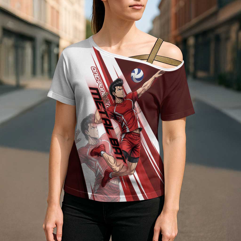 Personalized Metal Bat Volleyball Design Cross Shoulder Shirt with Red Athletic Theme and Powerful Action Pose