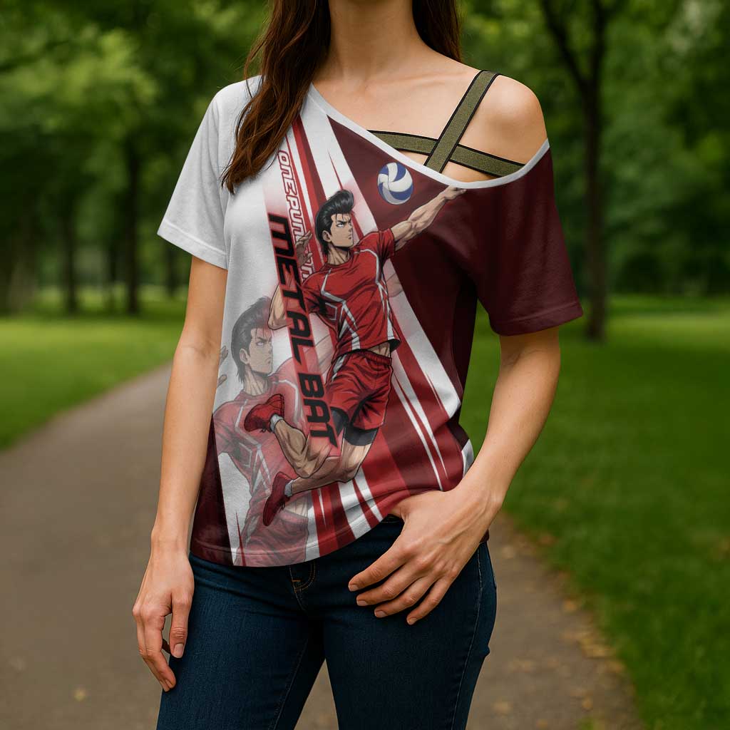 Personalized Metal Bat Volleyball Design Cross Shoulder Shirt with Red Athletic Theme and Powerful Action Pose