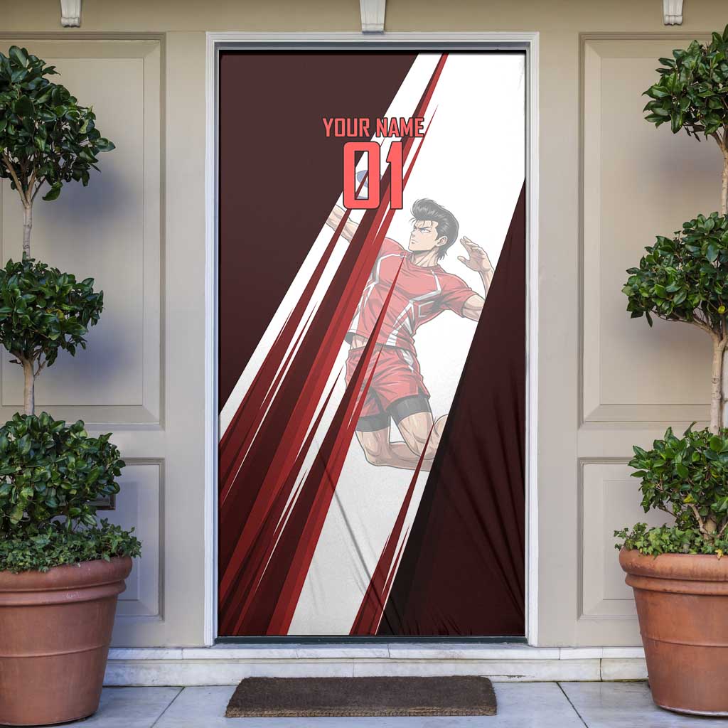 Personalized Metal Bat Volleyball Design Door Cover with Red Athletic Theme and Powerful Action Pose