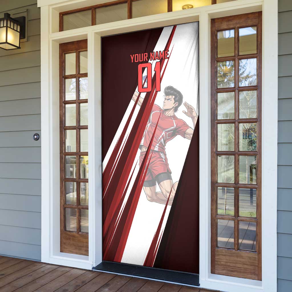 Personalized Metal Bat Volleyball Design Door Cover with Red Athletic Theme and Powerful Action Pose