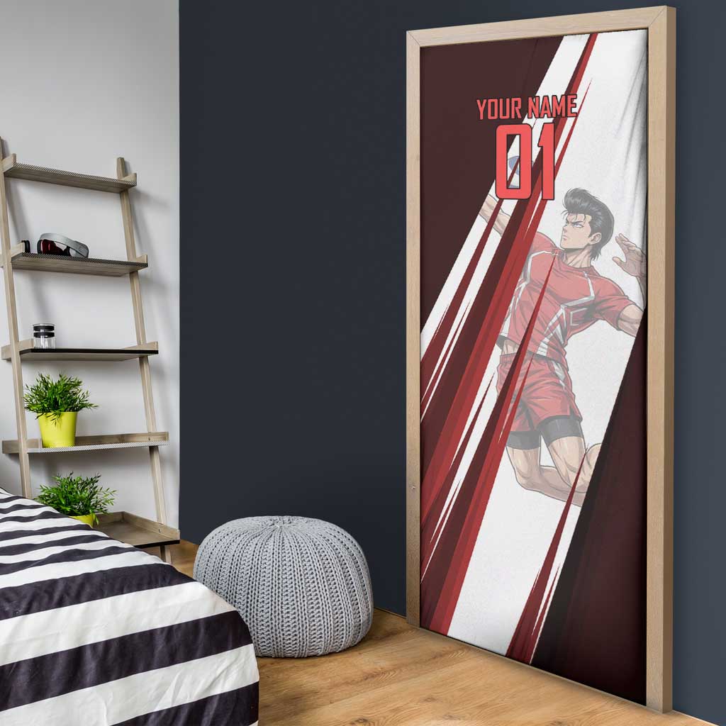 Personalized Metal Bat Volleyball Design Door Cover with Red Athletic Theme and Powerful Action Pose