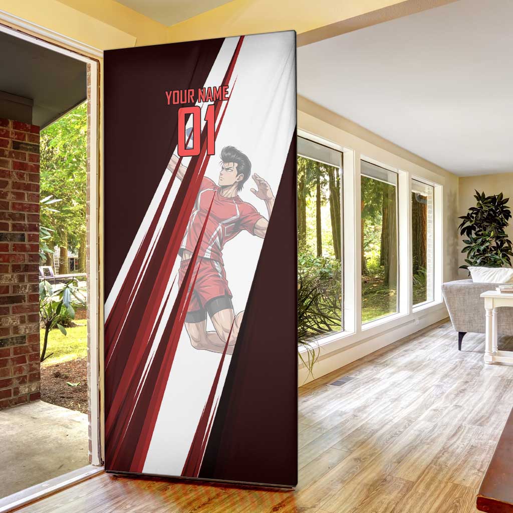 Personalized Metal Bat Volleyball Design Door Cover with Red Athletic Theme and Powerful Action Pose