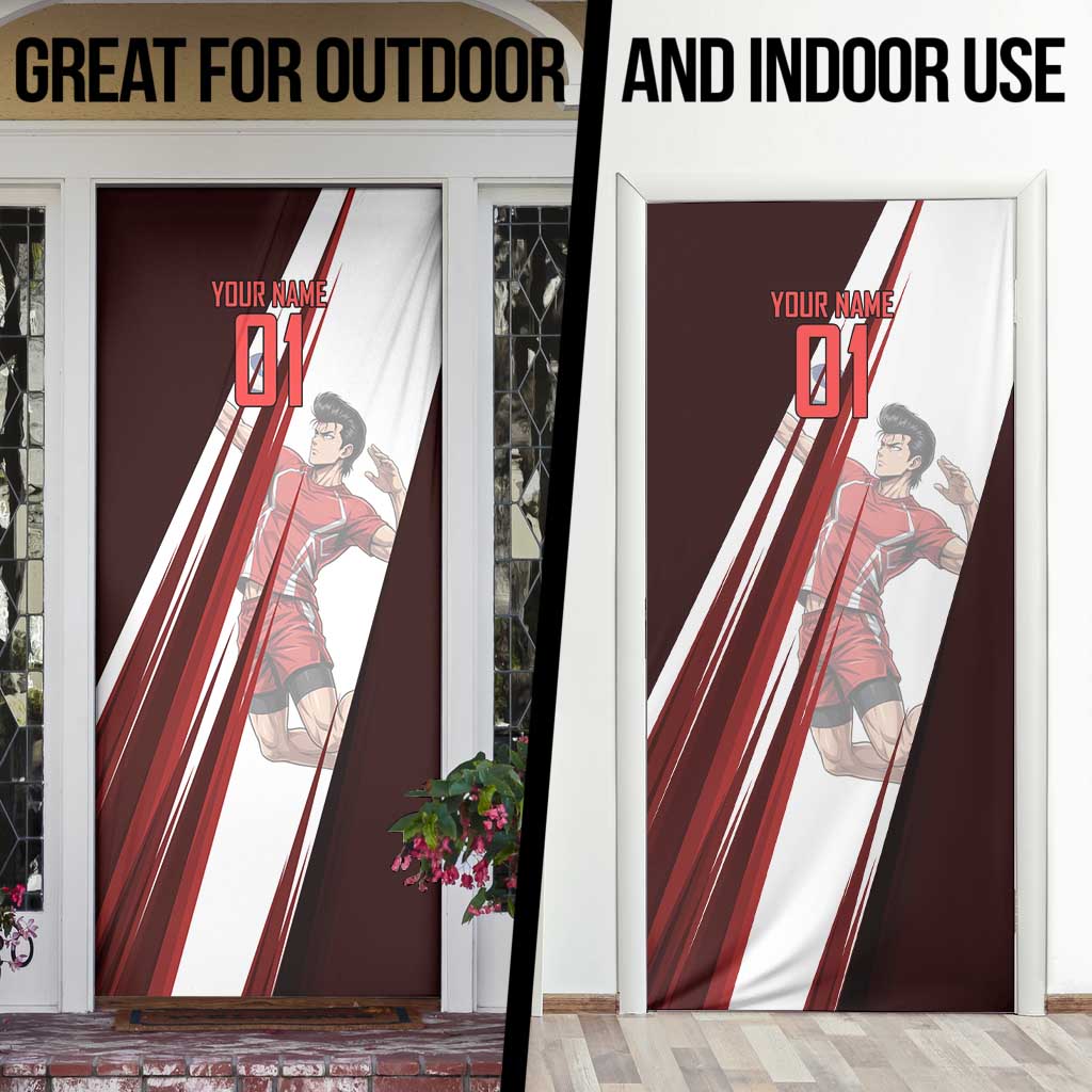 Personalized Metal Bat Volleyball Design Door Cover with Red Athletic Theme and Powerful Action Pose