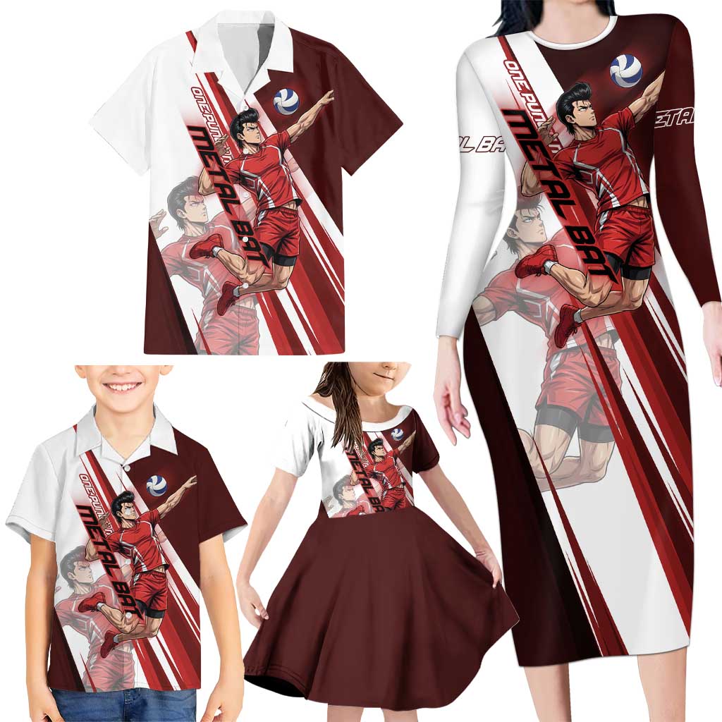 Personalized Metal Bat Volleyball Design Family Matching Long Sleeve Bodycon Dress and Hawaiian Shirt with Red Athletic Theme and Powerful Action Pose